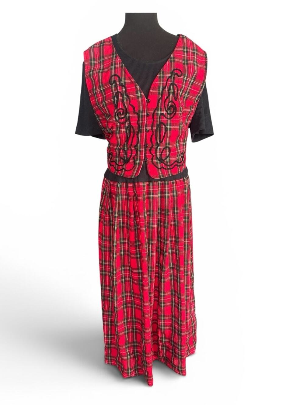 Vintage 90s Plaid Maxi Dress Attached Vest Red Tartan Cottagecore Preppy Size XL